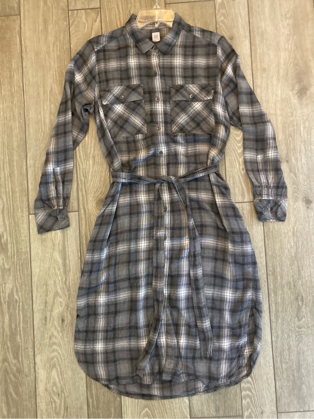 GAP Gray Plaid Flannel Button-Up Shirt Dress with Belt